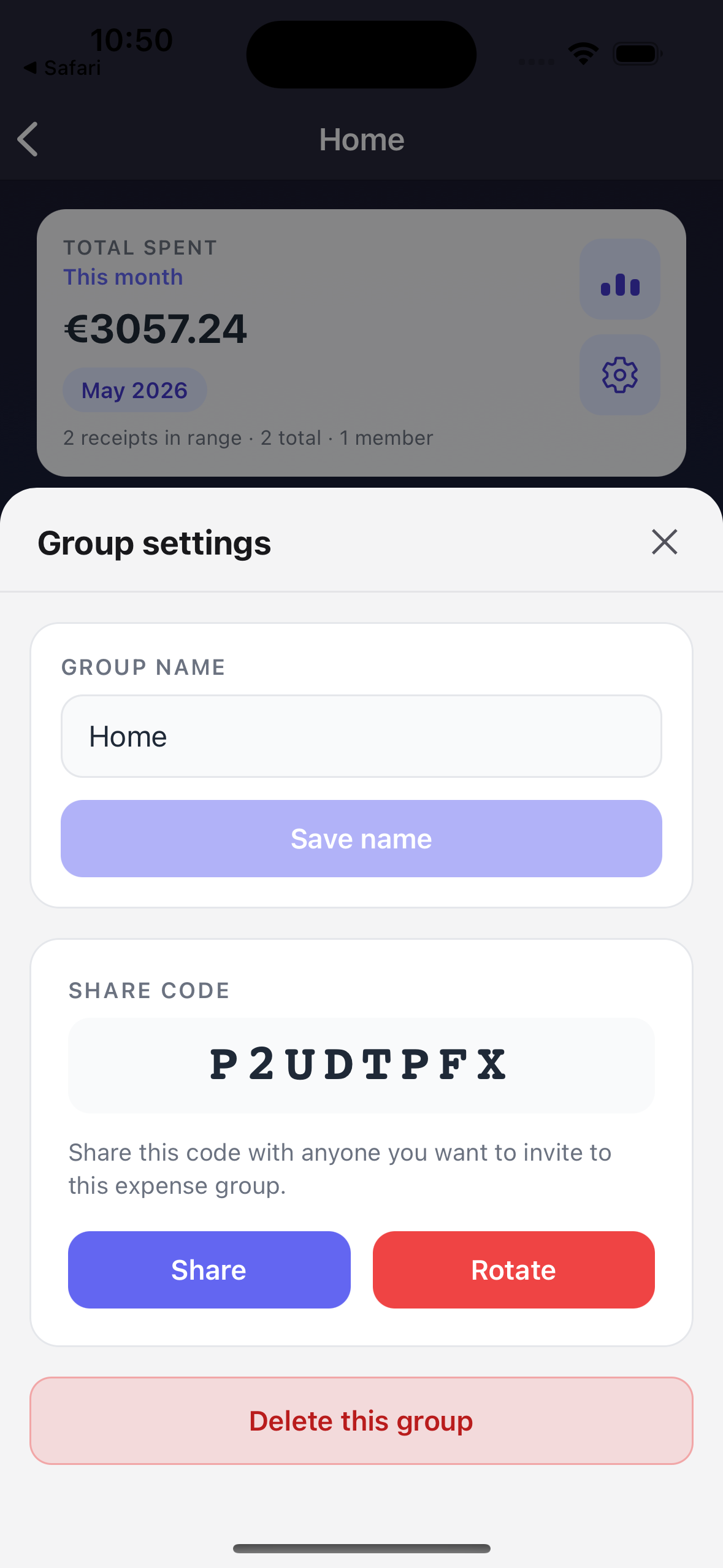 Expense group settings with share code to invite members to Home group