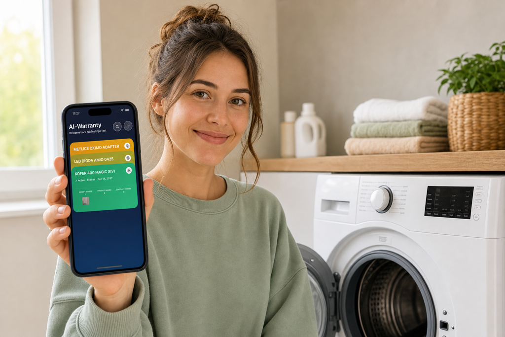 Woman checking warranties in AI Warranty on her phone next to a washing machine