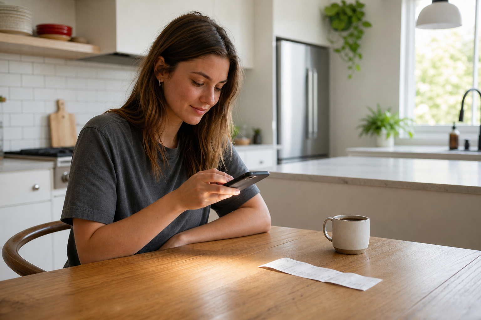 Woman scanning a receipt at the kitchen table right after buying something