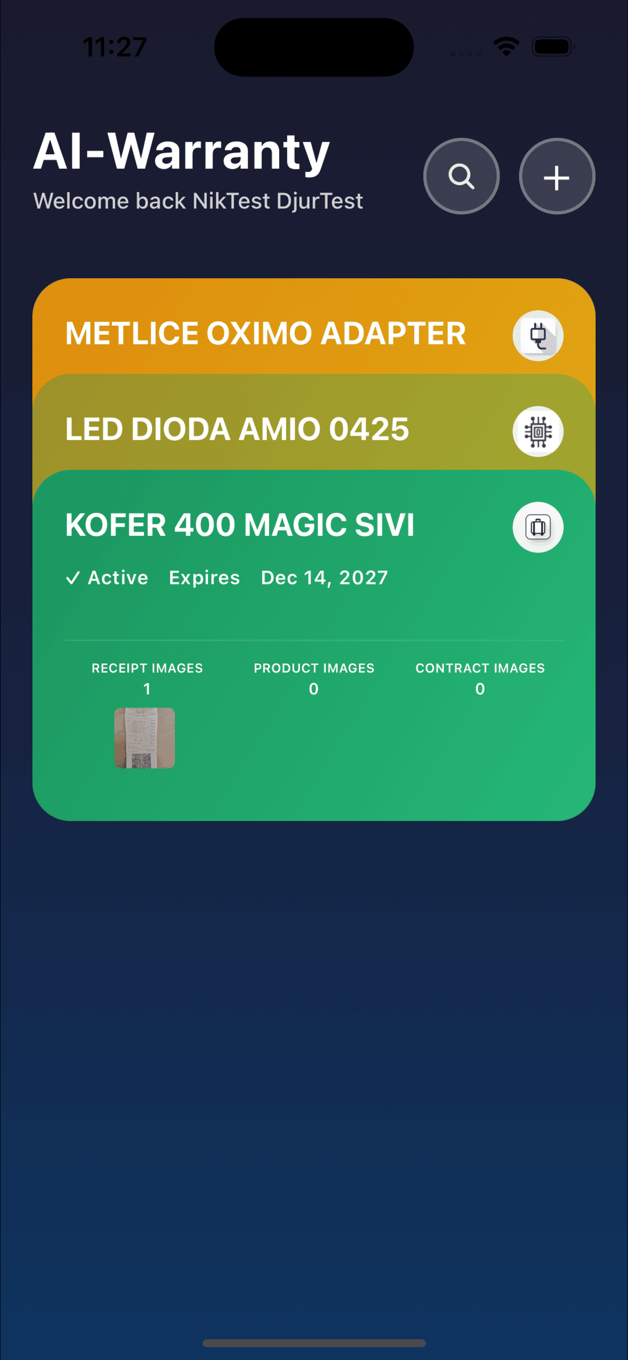AI Warranty home screen with stacked warranty cards