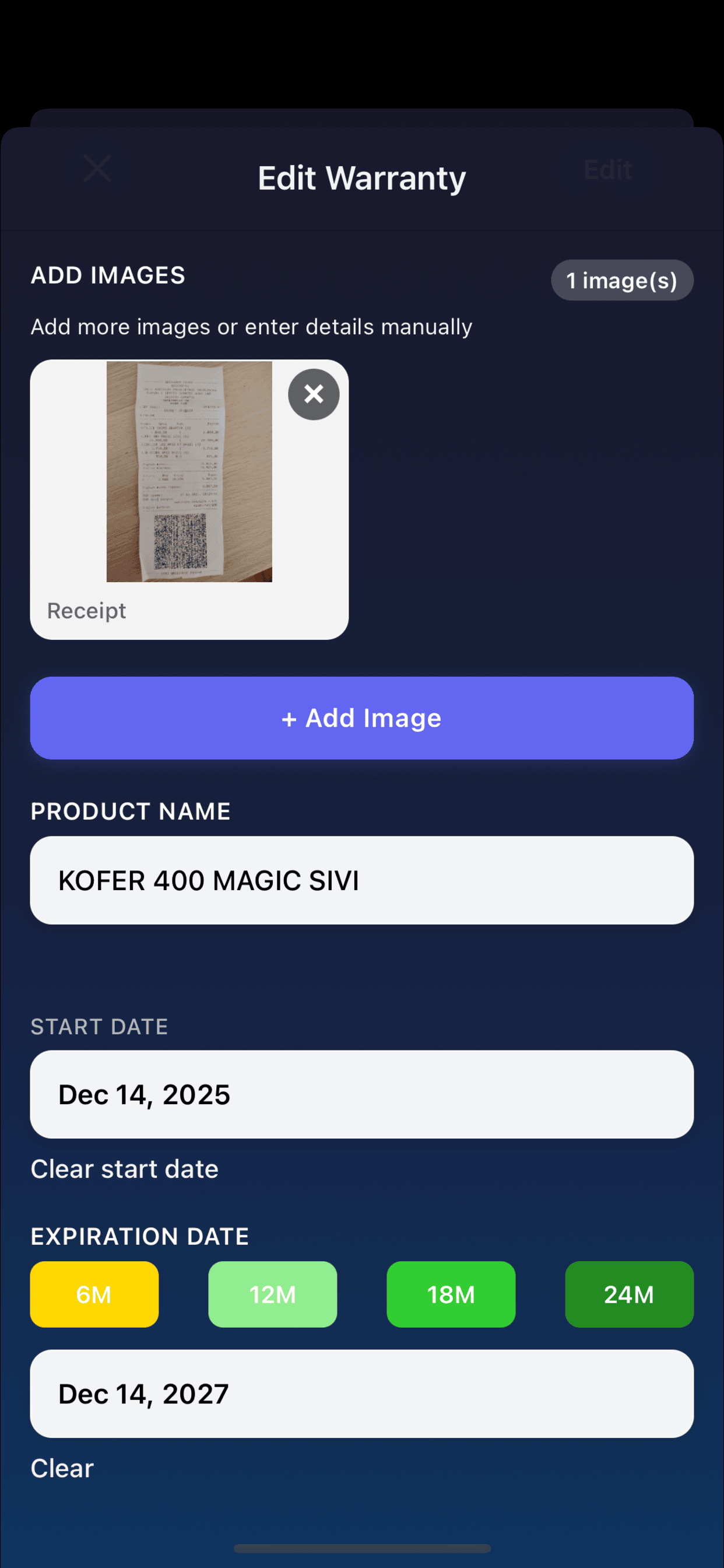 Edit warranty screen with receipt and dates